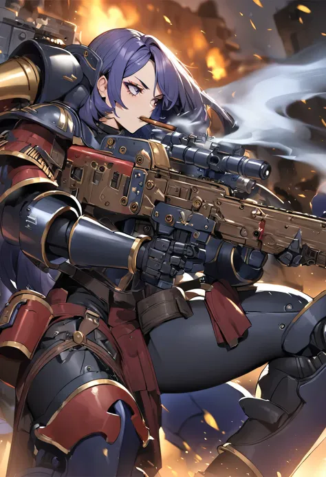 gothic babe as a warhammer 40k sister of war power armor shooting a bolt gun and smoking a cigar