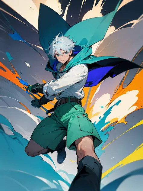 Tall man in his 30s with gray hair, gray eyes. Wearing a blue hooded cape, dressed in a white button shirt, green shorts, and blue gloves. He also wears a belt and boots. Pose masculina. Background with explosion of colors. Muchos colores en el fondo. Lanz...