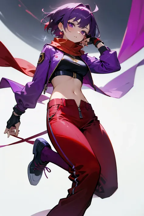 (Masterpiece, Best quality:1.2),clarification,8k,High resolution,1girl,Single,Breasts,Purple eyes,Fingerless gloves,Purple hair,short hair,Red hair band,Earrings,Hair decoration,star Hair decoration,scarf,Jacket,shoes,Red pants,short shirt,Zipper,Diaphragm...