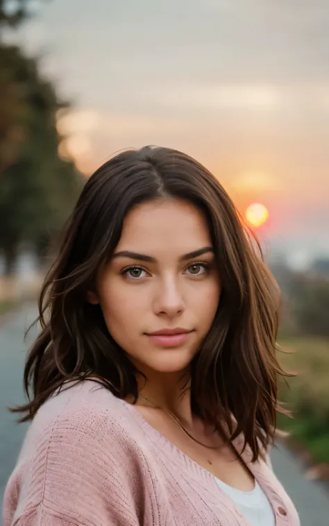 beautiful brunette long dark brown hair wearing pink sweater ( sunset), very detailed, 21 years old, innocent face, natural wavy hair, blue eyes, high resolution, masterpiece, best quality, intricate details, highly detailed, sharp focus, detailed skin, re...