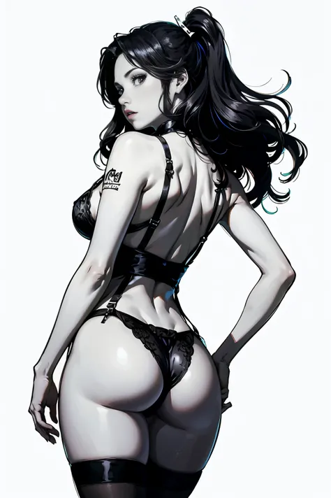 Anime, Best quality, Funny , 8 thousand., stockings with suspenders, woman, Medium breasts, drawing of a woman in black and white lingerie, Thick black line, high resolution commission, back and white, Толстый line drawing, with backlight, cute sexy butts,...