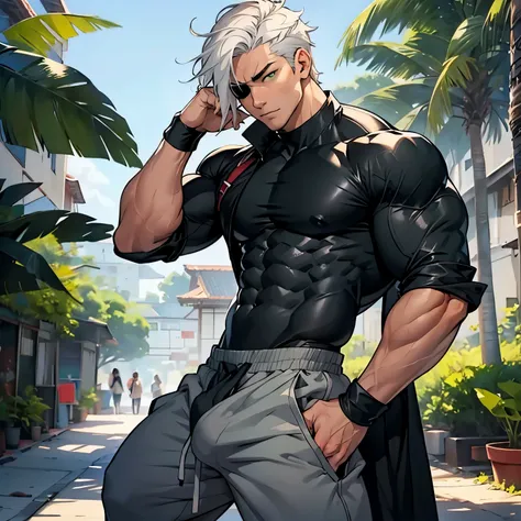 Draw me a asain looking buff man with half black hair and half white hair and with green eyes and a eyepatch covering one and show him having a tight shirt on showing his abs and also wearing grey sweatpants where his dick is visible  make his dick show