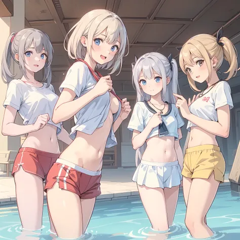 ((highest quality)), ((masterpiece)), (3 girls:1.5), Three cute girls are posing for the camera。 , (underwater), (shirtを持ち上げる:1.3), (three people standing in a row), (Close-up shot from the waist up), (open your mouth and smile:1.3), (topless), nipple, hai...