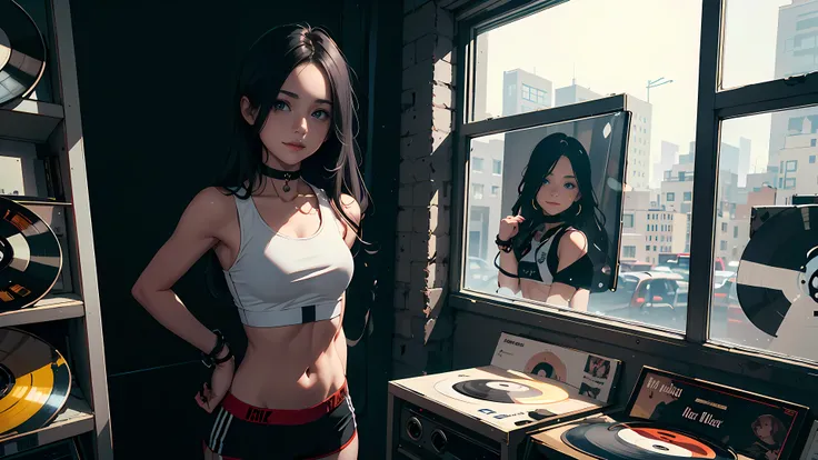 18 year old girl, long blablackdk hair, big sad eyes, sweet smile, small breasts, choker collar, wrist cuffs, tight white crop gym top, bare midriff, tight white gym shorts, standing, open door, open window, record store, records, vinyl, evening, nighttime...