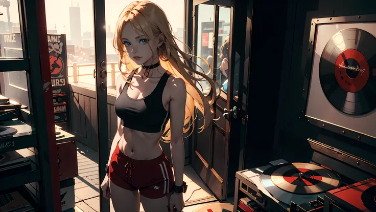 18 year old girl, long blonde hair, big sad eyes, sweet smile, small breasts, choker collar, wrist cuffs, tight red crop gym top, bare midriff, tight red gym shorts, standing, open door, open window, record store, records, vinyl, evening, nighttime, dramat...