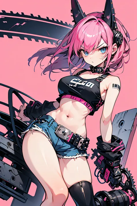 best image quality,(highest quality:1.1),(Super detailed:1.1), cowboy shot, (one woman, Women in punk fashion, pink spiky hair, Other shaving, clear eyes, shining blue eyes, Glaring expression), (black leather jacket with lots of studs, pink short tank top...