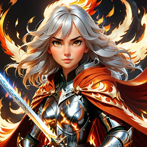 ((super fine illustration, 8k, Masterpiece :1.2, Sharp focus :1.2, depth of field:1.2)), Beautiful swordswoman, absurdity, Highly detailed face and skin texture, silver hair, jet-black armor, flame armor, cloak wrapped in flames, sword wrapped in flames, f...