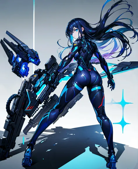 no background，girl，carry a firearm，Enamel style tight suit，use of firearms，dark blue long hair，attention arousal，blue colored eyes,no gradation