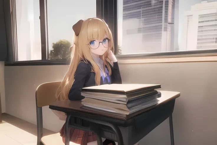 blonde anime girl with glasses and school outfit sitting at a desk with a stack of books, blue eyes, have cute brown dog ears, r...