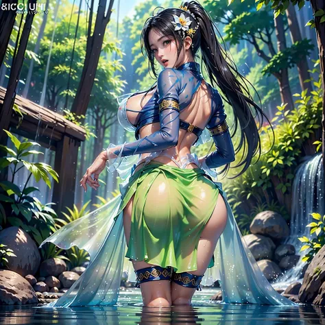 （full body picture，full body display），((epic composition，Waterfall in the forest，A woman wearing a flowing white gauze skirt，water goddess，There is a pair of water wings behind him，whole body xianxia，Shoot from behind，from below，Rich scene details，Water mi...