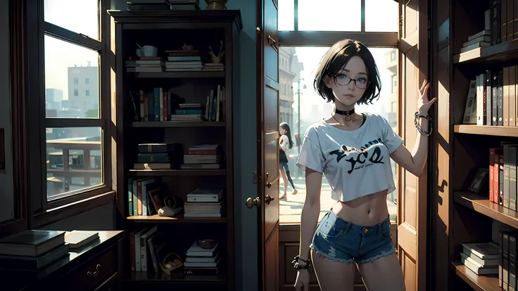 ((1girl)), 18 year old girl, short black hair, big sad eyes, sweet smile, small breasts, glasses, choker collar, wrist cuffs, white t-shirt, bare midriff, jean shorts, standing, cowboy shot, bookstore, bookcases, books, open door, open window,  evening, ni...