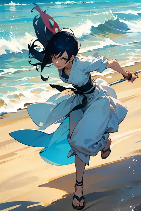 Personagem Soi Fon, do anime Bleach na praia.