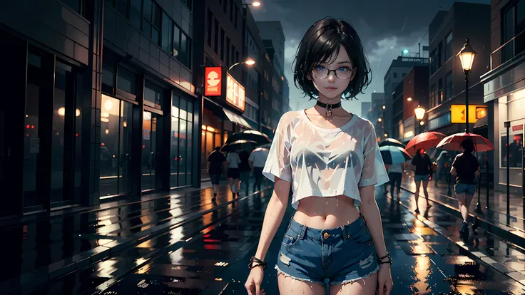 ((1girl)), 18 year old girl, short black hair, big sad eyes, sweet smile, small breasts, glasses, choker collar, wrist bracelets, white t-shirt, bare midriff, jean shorts, standing, cowboy shot, rainy city street, soaking wet, wet hair, wet t-shirt, dramat...