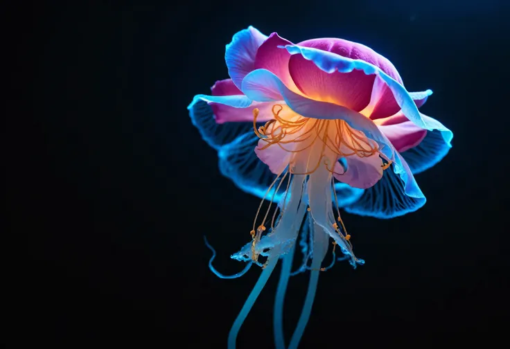 Photo of (a glowing bioluminescent jellyfish:0.5)
Photo of (a rose:0.6), cinematic, movie still, dramatic lighting, keylighting