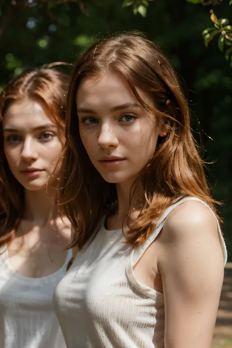 3 gorgeous supermodel girls walking in a park together, complex details, hyperdetailed, aesthetic artwork, Irish redheads, wavy ginger hair, shoulder length hair, grey eyes, some small freckles, pale skin, (textured skin, skin pores:0.7), (moles:0.5), impe...