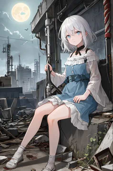 Masterpiece, top quality, Super detailed, Enlightenment,have beautiful eyes, abandoned factory,cold face, (looking at the audience), bright white hair, night,moonlight, beautiful eyes
