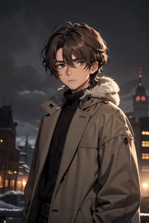 18-year-old-boy,:1.9 (((ashy-brown colored hair))), medium hair, curtain hairstyle, grey eyes, handsome, winter clothes, castle ...