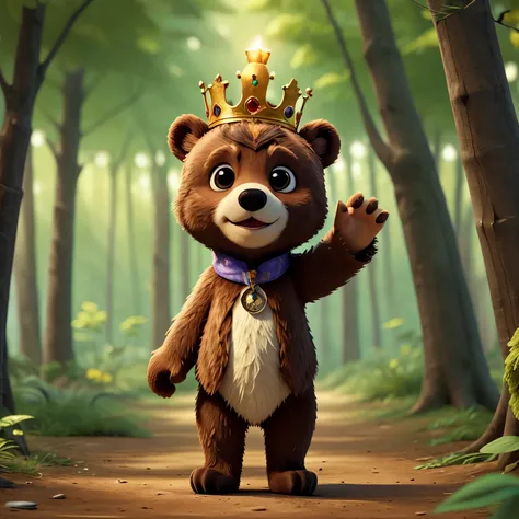 a curious little bear living in an enchanted forest and wearing only a crown on his head, with just one of its arms raised waving its paw in greeting