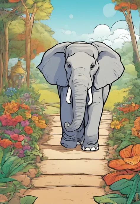 an elephant walking in a pathway, line art, cartoon character, 3d style, high-quality, coloring book, hand-draw, line art