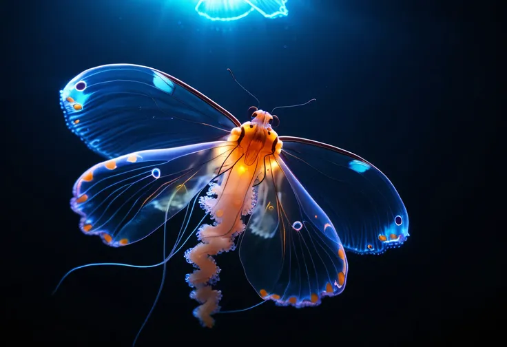 Photo of (a glowing bioluminescent jellyfish:0.5)
Photo of (a butterfly:0.45), cinematic, movie still, dramatic lighting, keylighting