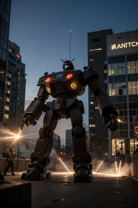 giant robot with human face and Laser eyes. Attacking a city