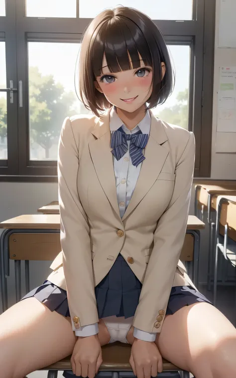 absurderes:1.8, ((beautiful clear eyes, sitting, spread legs)), ((school uniform, blazer, short skirt、showing panties, panties emphasis:1.6, blunt bangs, short hair, white panties:1.4, classroom))、(1woman), Unity 8K Wallpaper, Masterpiece, detailed hair, h...