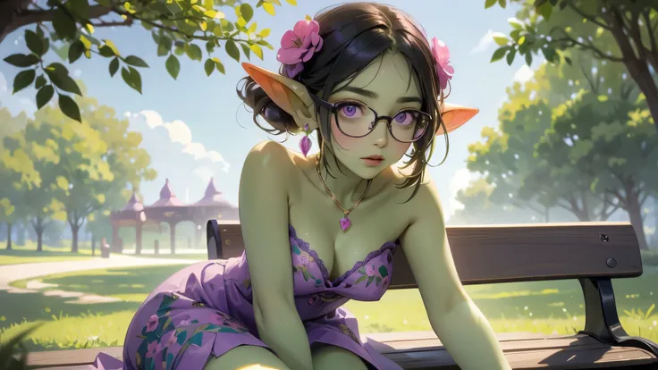 ((best quality)), ((masterpiece)), (very detailed), 4k, perfect face, very small goblin girl, green skin, purple eyes, small breasts, black rimmed glasses, short dark green hair, wearing a pink floral summer dress, sitting outdoors on a park bench on a bea...