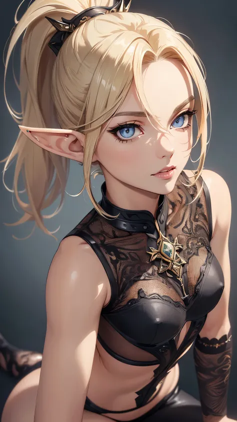 (beautiful detailed eyes,beautiful detailed lips,extremely detailed eyes and face,long legs),(oil painting,highres),(semi-elf),(ash gray color),(sexy pose),(hot background),(blonde ponytail),(vivid colors),(sharp focus),(physically-based rendering)