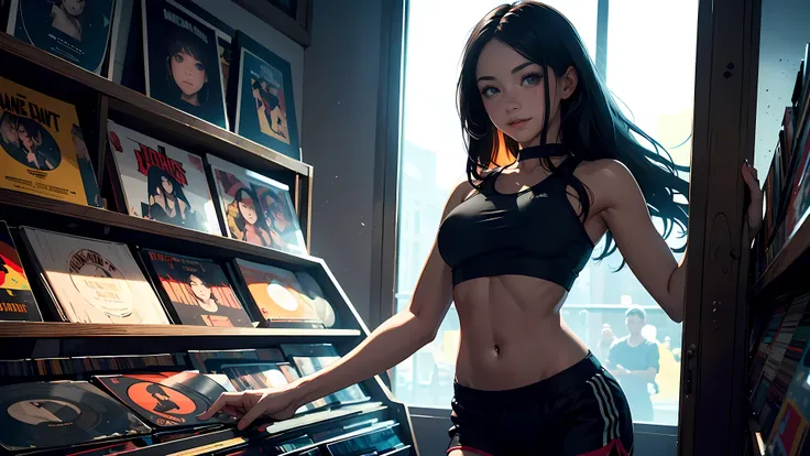 21 year old girl, 
long black hair, big eyes, sweet smile, small breasts,
crop top, bare midriff, gym shorts
record store, vinyl, 
open door, open window,
dramatic lighting, cinematic lighting, Rembrandt lighting,