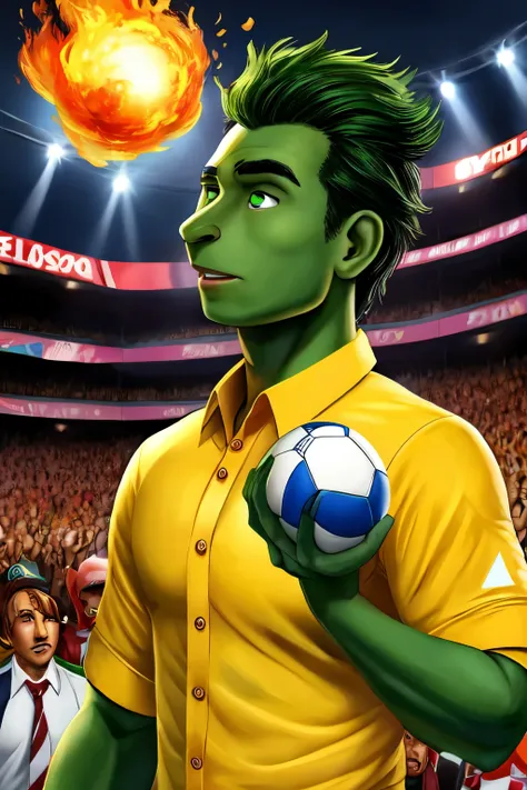 um homem de costas com camisa 10 , uniforme verde e amarelo , holding a burning ball inside a crowded stadium 