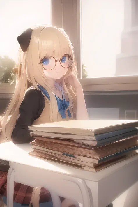 blonde anime girl with glasses and school outfit sitting at a desk with a stack of books, blue eyes, have cute brown dog ears, render of a cute 3d anime girl, smiling looking at camera, anime styled 3d, hanayamata, small curvy , 3d anime girl, anime moe ar...