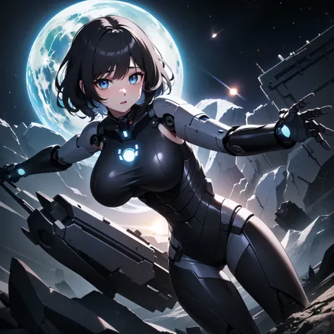 top-quality、Top image quality、​masterpiece、Mecha Girl((18year old、Black and gray mechanical parts、Robot joints,Black tights,Bust 100、A dark-haired、Staring at the viewer、Breasts wide open,Large valleys、、Blue Eye、Dye cheeks、fighting poses)）hiquality、depth of...