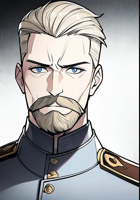 adult male, white and tender skin, pale blonde slicked back combed short hair, kaisermustache and a ducktail beard, steel blue e...