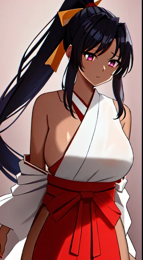 masterpiece, best quality, anime screeshot, a close photo, 1 girl, solo, standing, long hair, black hair, violet eyes,ponytail, Red hair ribbon, red hakama and white kimono, big breasts, medium breasts, looking_at_viewer, expressionless, upper_body, dark s...