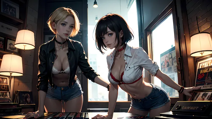 3 21 year old girls, 
short blonde hair, short black hair, short red hair, big eyes, sweet smile, small breasts, thin hips,
dog collar, white unbuttoned shirt, red bra. cleavage, jean shorts,
record store, vinyl,
open door, open window,
dramatic lighting, ...