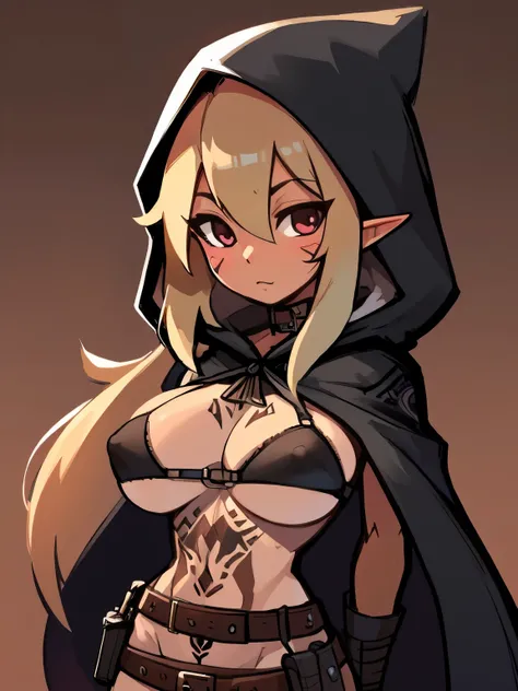 (tanned elf girl:1.2), (large tits), (long hair), (solo:1.2), (gradient brown background:1.2), (cloak hooded belts:1.2), (tit tattoo:1.2), (belt bra:1.0)