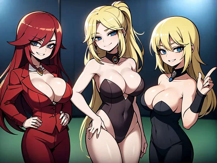 three sexy women looking at camera, flirtatious smiles, casino outfits