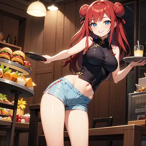 young girl, Long red hair, Two buns, smile, blue eyes, Chinese sleeveless dress, Shorts, A tray of food, Masterpiece, hiquality. nsfw