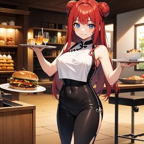 young girl, Long red hair, Two buns, smile, blue eyes, Chinese sleeveless dress, Shorts, A tray of food, Masterpiece, hiquality. nsfw