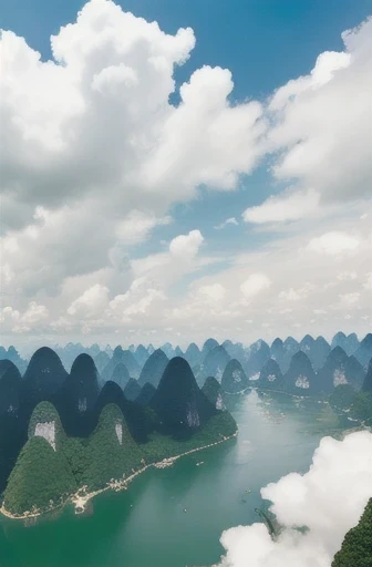 Guangxi, Guilin, Blue sky and white clouds, Real shot, Large depth of field, High altitude shooting perspective