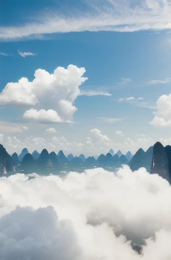 Guangxi, Guilin, Blue sky and white clouds, Real shot, Large depth of field, High altitude shooting perspective