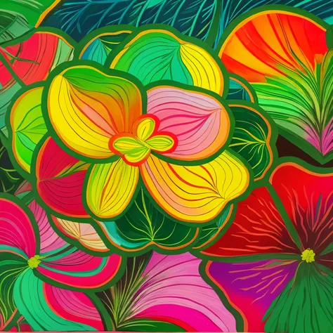 painting of a colorful flower with a green background, turquoise pink and green, flower pop art, stylized flowers, lush garden leaves and flowers, floral explosion, large jungle flowers, floral motives, floral growth, detailed flowers, flowers and foliage,...