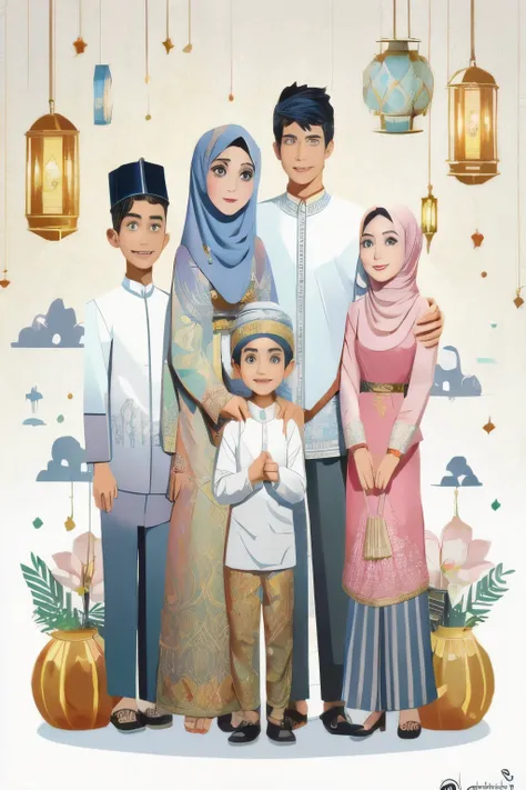 muslim family with children and lantern hanging in the sky, happy family, cartoon style illustration, an indonesian family portrait, barong family, muslim, by Abidin Dino, full color illustration, a beautiful artwork illustration, fullbody or portrait, bea...