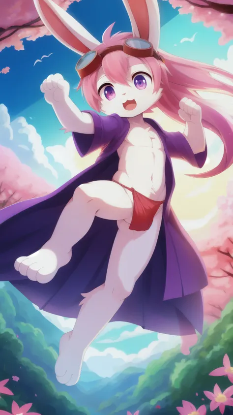 Furry shota, young, rabbit, long rabbit ears, pink hair, long spiky ponytail, spiky hair, detailed body fur, Pink eyes, ((purple kimono, open clothes, red fundoshi, goggles)), looking at you, white body fur, detailed face, big eyebrows, detailed eyes, deta...