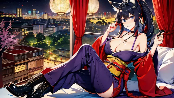 1 girl , alone ,Taisho Modern、big cleavage , greenish black hair、ponytail、fox ears、Brightly colored eyes、blue eyes、sunglasses、Dark purple kimono、red hair ornament、light purple long hakama、leather boots、Headphones around the neck、sunglasses、flashy necklace、...