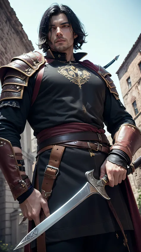 (((best quality:1.7, masterpiece:1.0))), gigantic, giant, from below, male man masculine leather straps, maroon leather butchers apron, (((dagger, dirty black hair, assassin armor)))