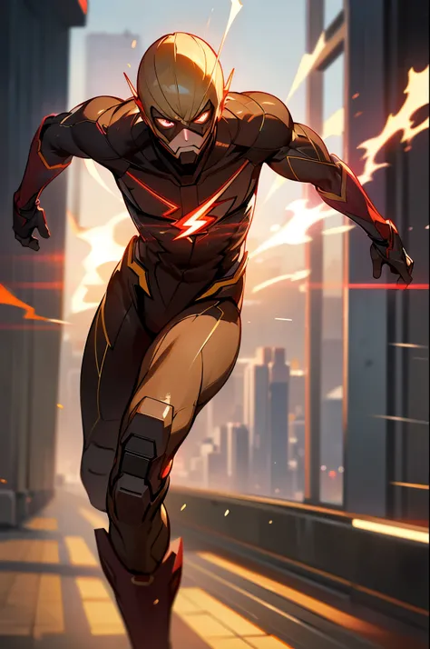 the flash man, in the background a city, ultra details, ultra realistic, cinematic , octane render, 16k, blonde hair, red pupils, serious face, running towards the right, both arms are visible, male, wearing mask to conceal identity