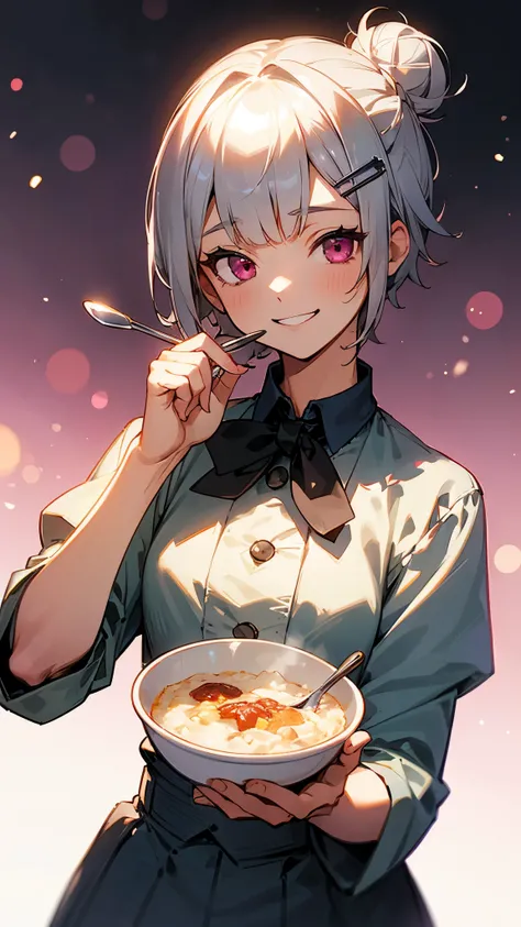 (highest quality,High resolution,Super detailed),eat porridge, Short silver bob hair styled into a bun with a hair clip, pink eyes、grin、spoon, background bokeh, Depth of the bounds written