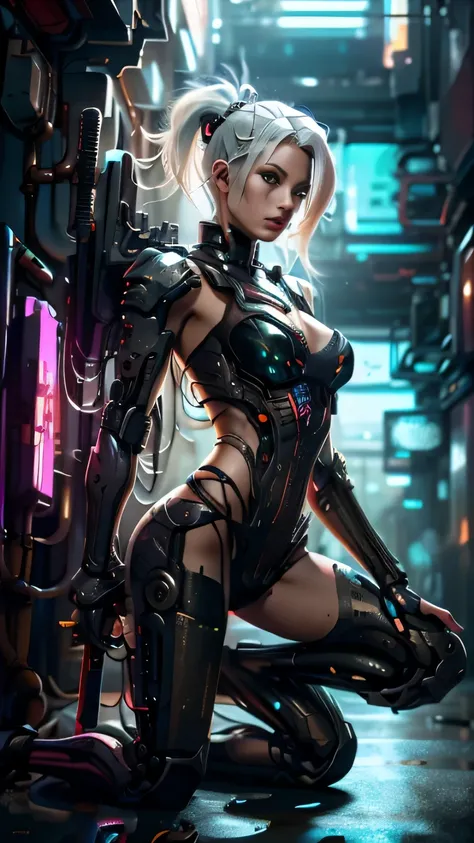 A woman kneeling on one knee with a sword in her hand, very beautiful cyberpunk samurai, she is holding a katana sword, pulling the katana out of its sheath, she is holding a sword, Korean polearm ornate back decoration, realistic 3D anime style, cgsociety...