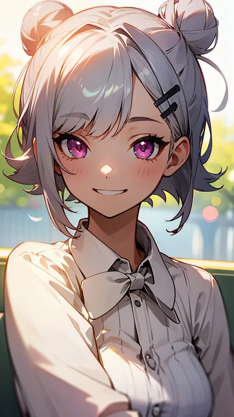 １girl、Short silver bob hair styled into a bun with a hair clip, pink eyes、grin、upper body close-up、Morning café terrace、background bokeh, Depth of the bounds written